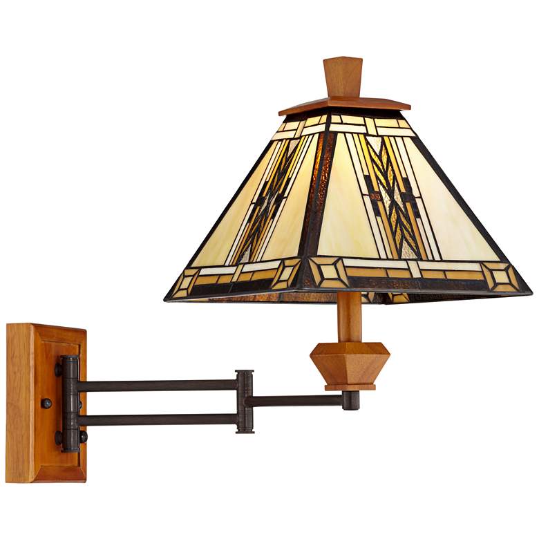 Image 7 Walnut Mission Tiffany Style Adjustable Swing Arm Plug-In Wall Lamp more views