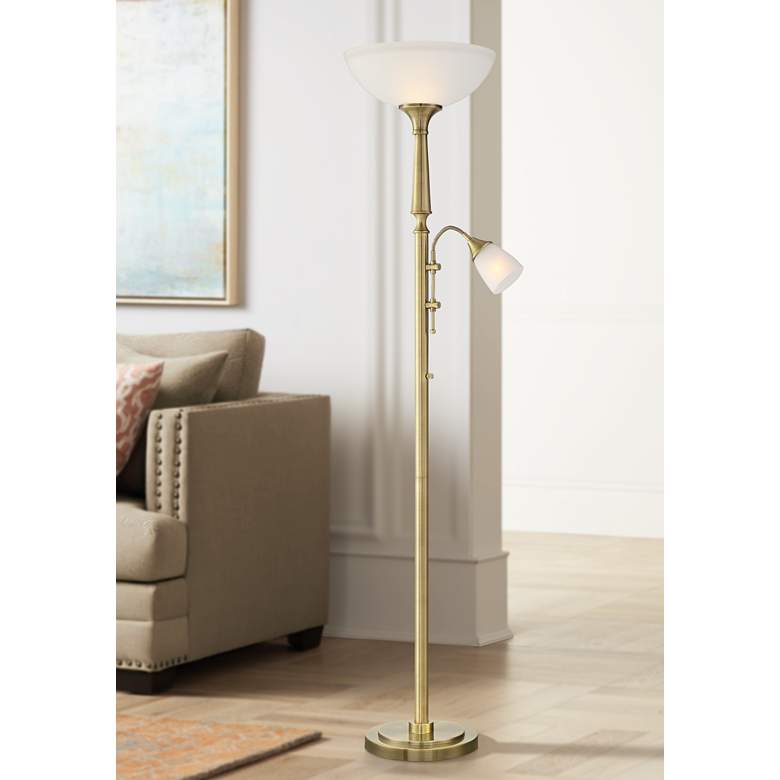 Image 1 Walton Antique Brass Torchiere Floor Lamp with Side Light