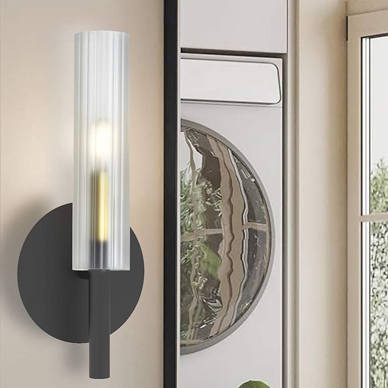 Image 1 Wand 14"H Matte Black And Aged Brass Wall Sconce w/ Frosted Glass Shad