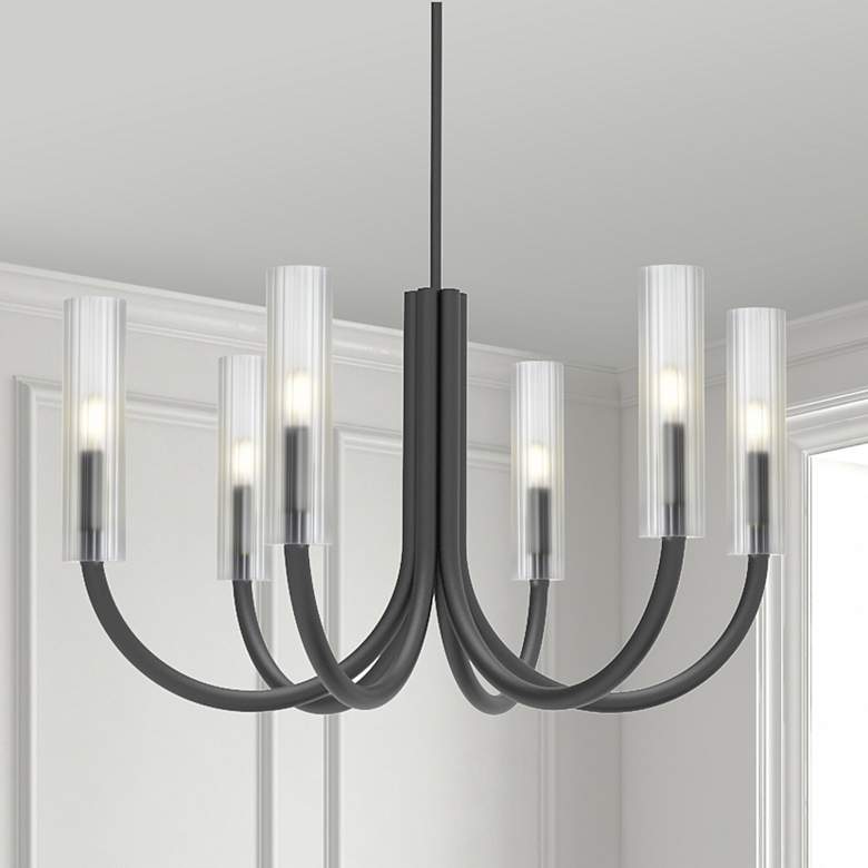 Image 1 Wand 30.5" Wide 6 Light Matte Black Chandelier With Frosted Glass Shad