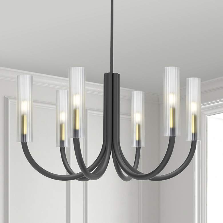 Image 1 Wand 30.5"W 6 Light Matte Black And Aged Brass Chandelier w/ Frosted S