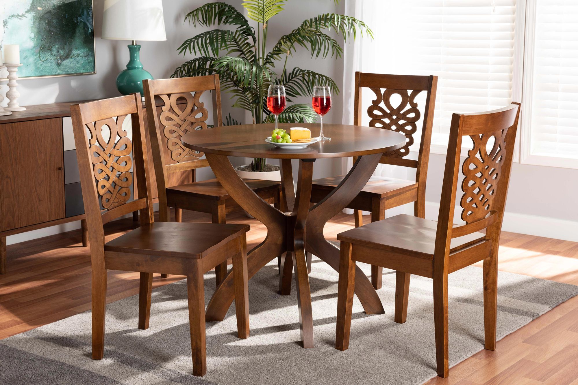 Wanda Walnut Brown Wood 5-Piece Dining Table and Chair Set
