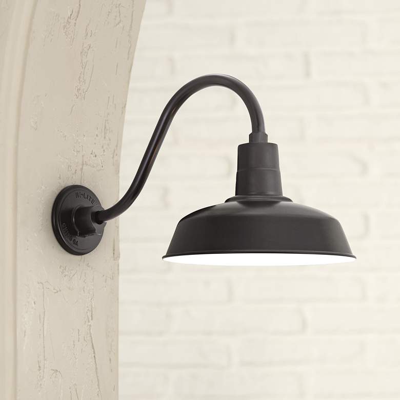 Image 1 Warehouse 9 1/2 inchH Barn Black Gooseneck Outdoor Wall Light