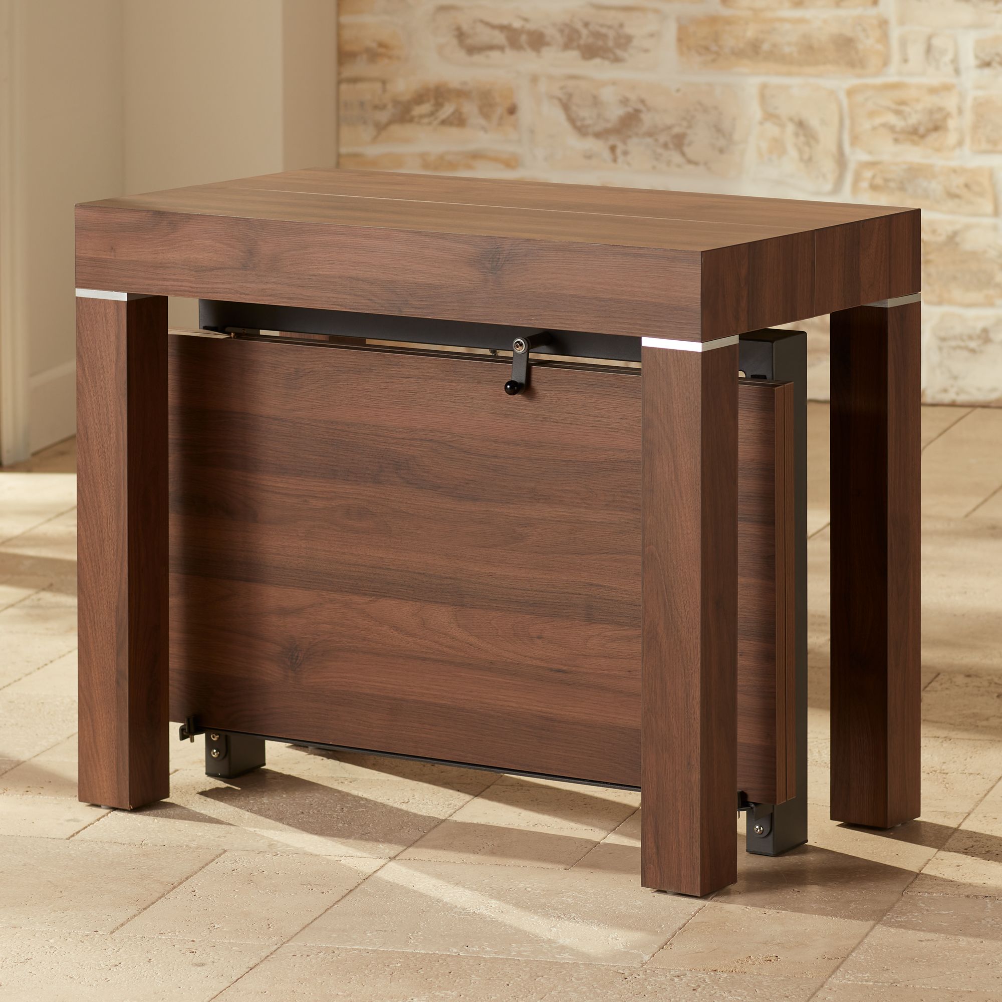 Warhol Modern Distressed Walnut 2-Leaf Extension Dining Table in scene