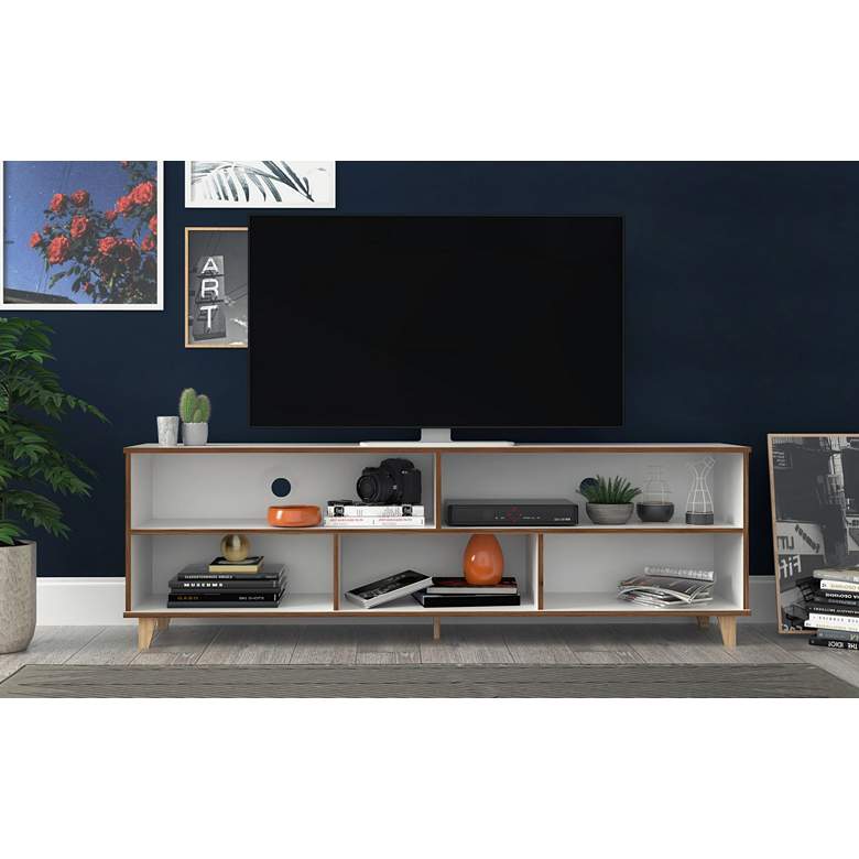 Image 1 Warren 70 3/4 inch Wide Matte White and Oak 5-Shelf TV Stand