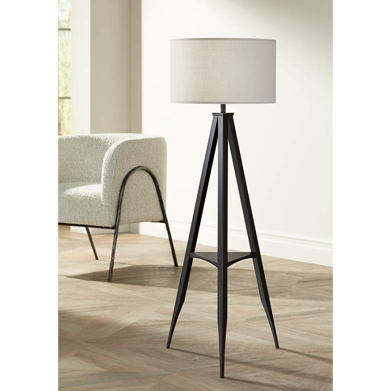 Image 1 Warren Black Metal Shelf Tripod Floor Lamp