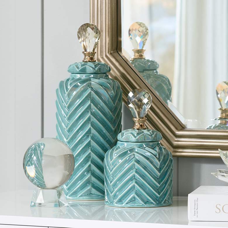 Image 1 Washed Blue 17" High Ceramic Chevron Canister with Lid