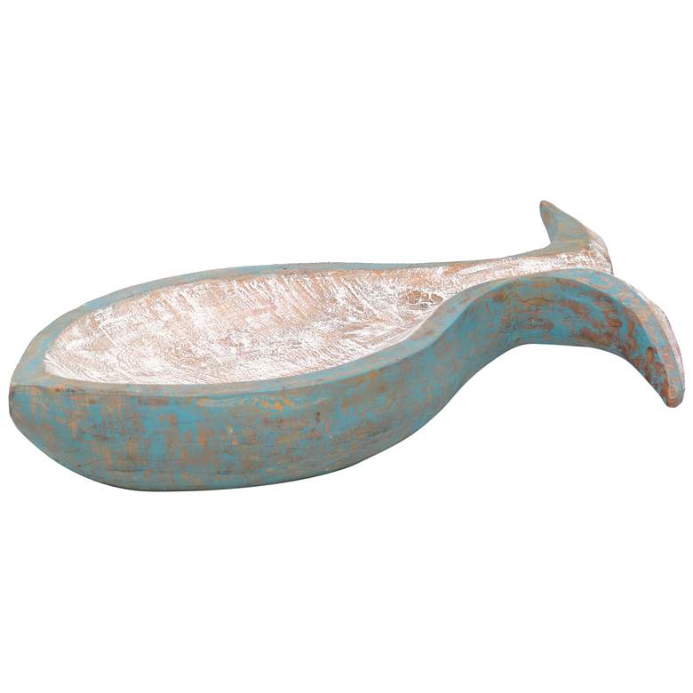 Washed Blue 19in X 9in X 4in Carved Wooden Fish Shaped Bowl