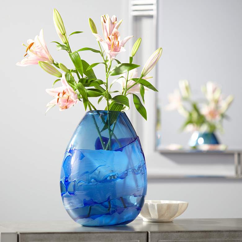 Image 1 Water Blue 11 inch High Striped Blown Glass Modern Vase
