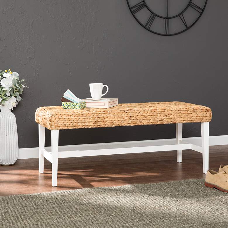 Image 1 Water Hyacinth 44 1/2 inch Wide Woven Natural and White Banquette Bench