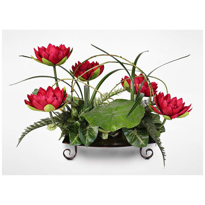 Image 1 Water Lily 25 inchW Faux Floral Arrangement on Metal Tray