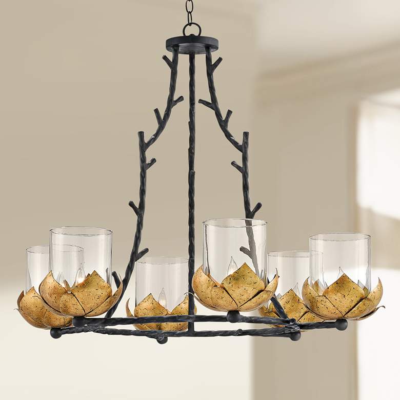 Image 1 Water-Lily 37 1/2"W Gold Leaf and Black 6-Light Chandelier
