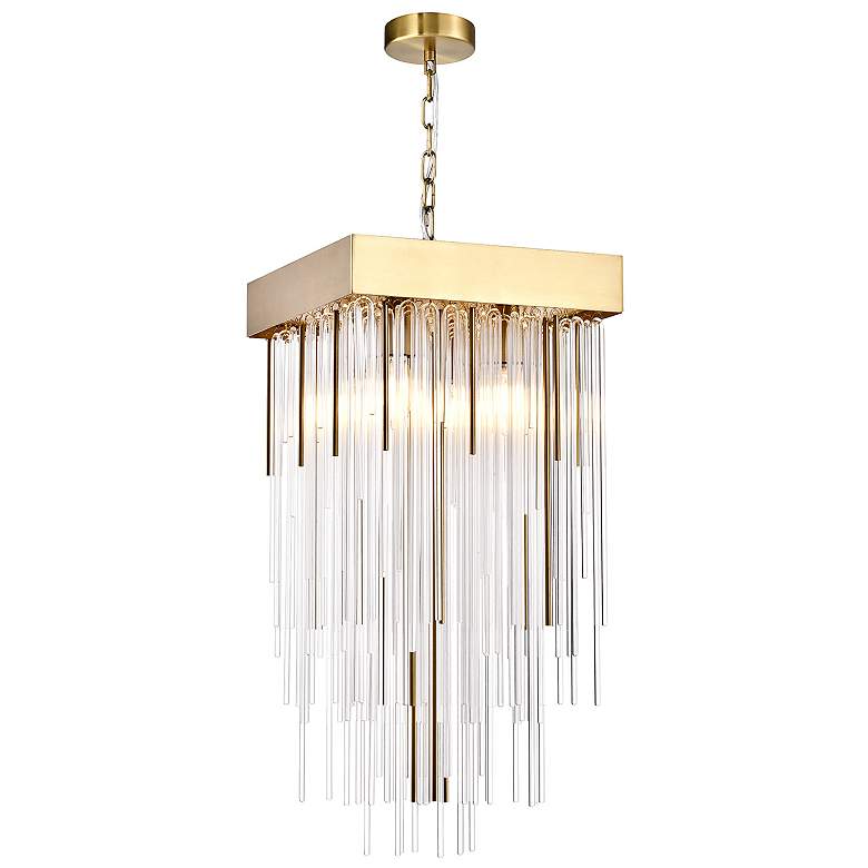 Image 1 Waterfall 4-Light 12 Inch Square Aged Brass Crystal Pendant Light