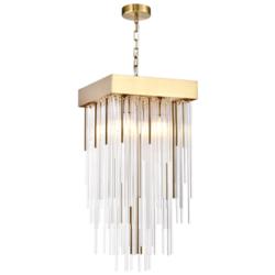 Waterfall 4-Light 12 Inch Square Aged Brass Crystal Pendant Light