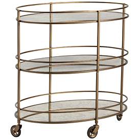 Image1 of Waterford 31 1/2" Wide Gold and Mirrored Oval 3-Shelf Rolling Bar Cart