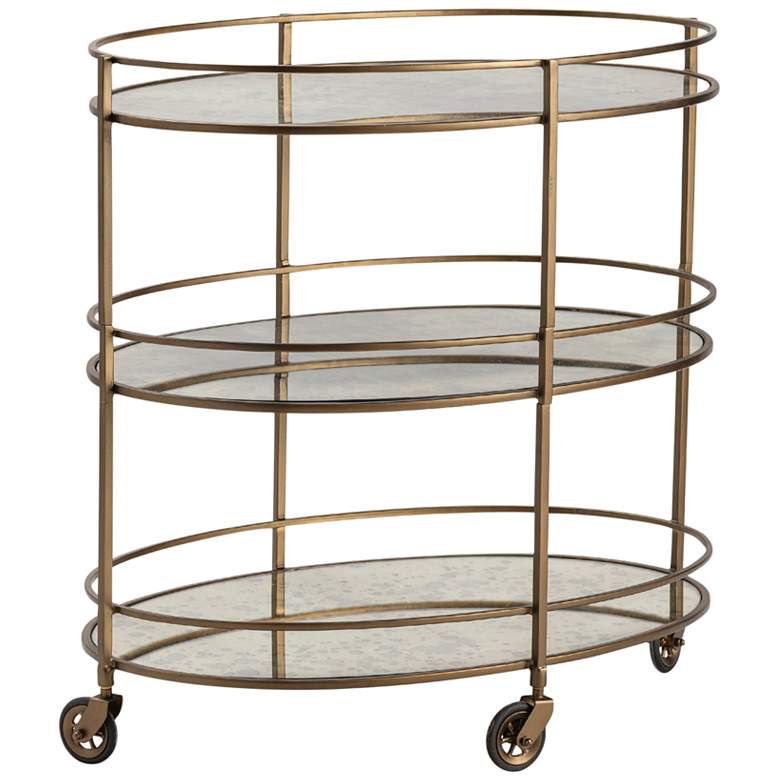 Image 1 Waterford 31 1/2" Wide Gold and Mirrored Oval 3-Shelf Rolling Bar Cart