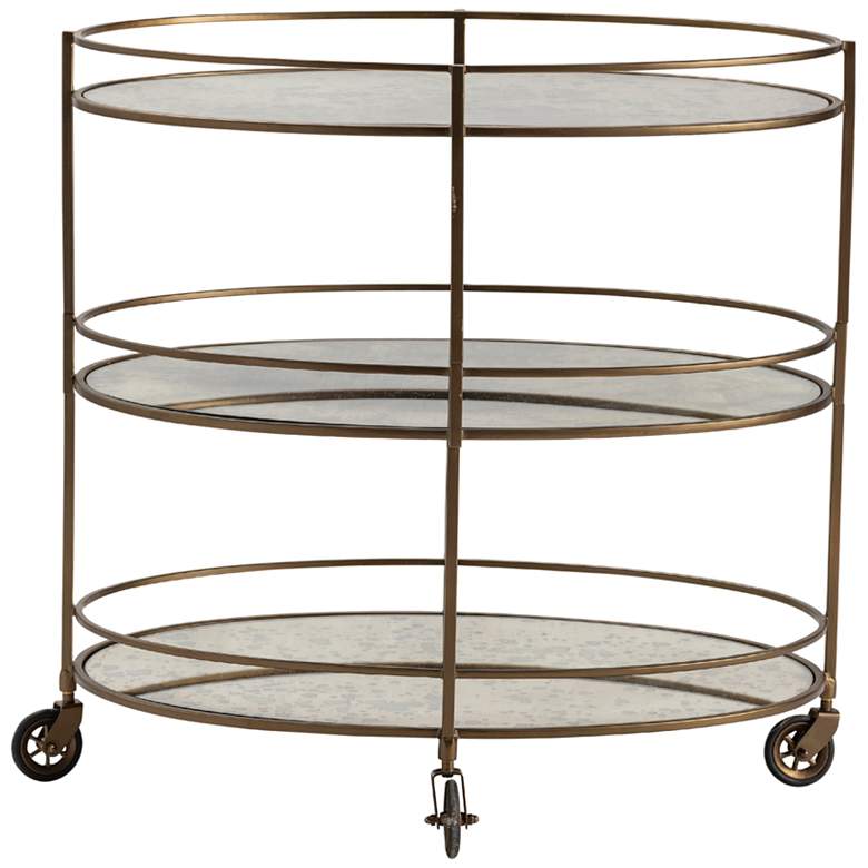 Image 3 Waterford 31 1/2" Wide Gold and Mirrored Oval 3-Shelf Rolling Bar Cart more views