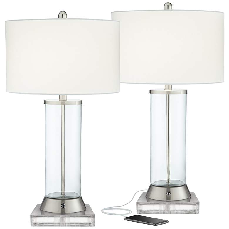 Image 1 Watkin Clear Glass Column USB Table Lamps With 8" Square Risers