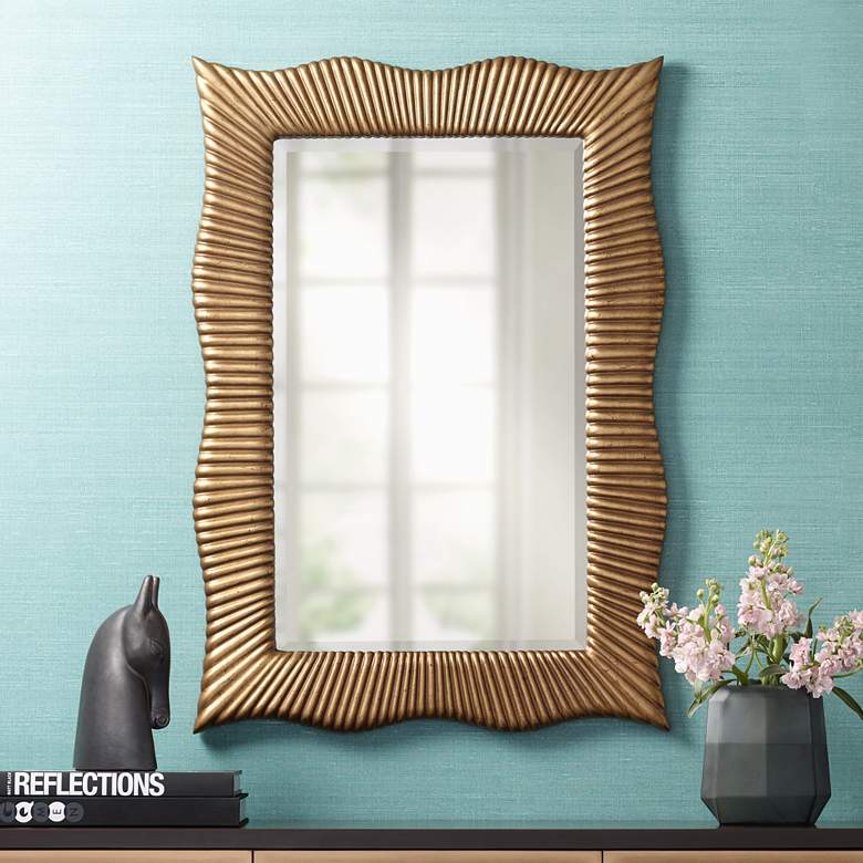 Image 1 Wave Gold Ribbed 27 1/2 inch x 39 inch Rectangular Wall Mirror