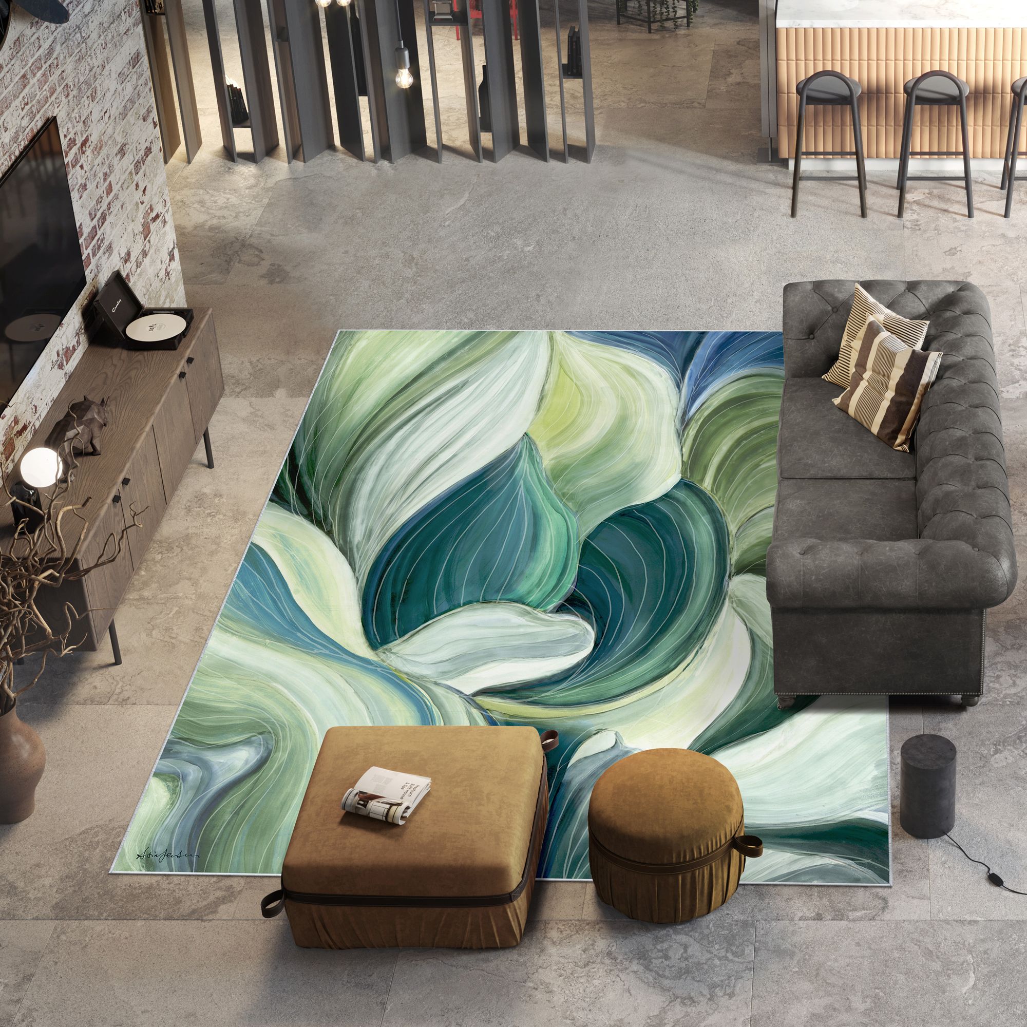 Image 2 Waves of Leaves Washable Art Area Rug size 8'x10' more views