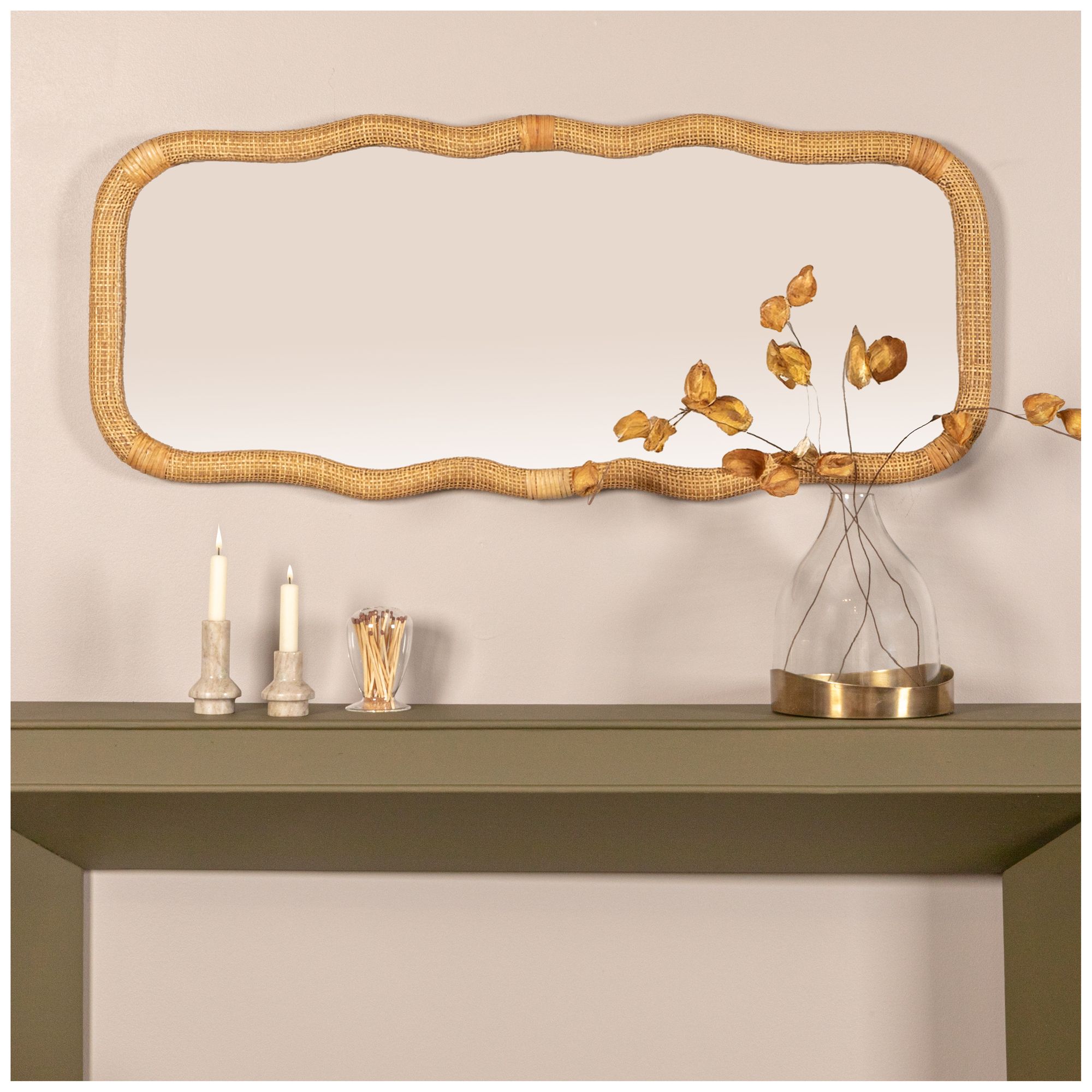 Image 5 Wavy Rectangle Handwoven Rattan Cane Wall Mirror, Natural more views