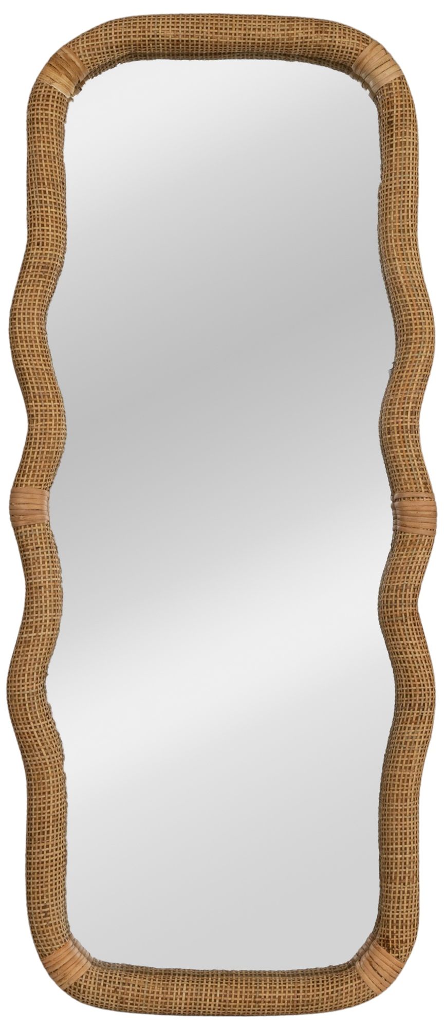 Wavy Rectangle Handwoven Rattan Cane Wall Mirror, Natural