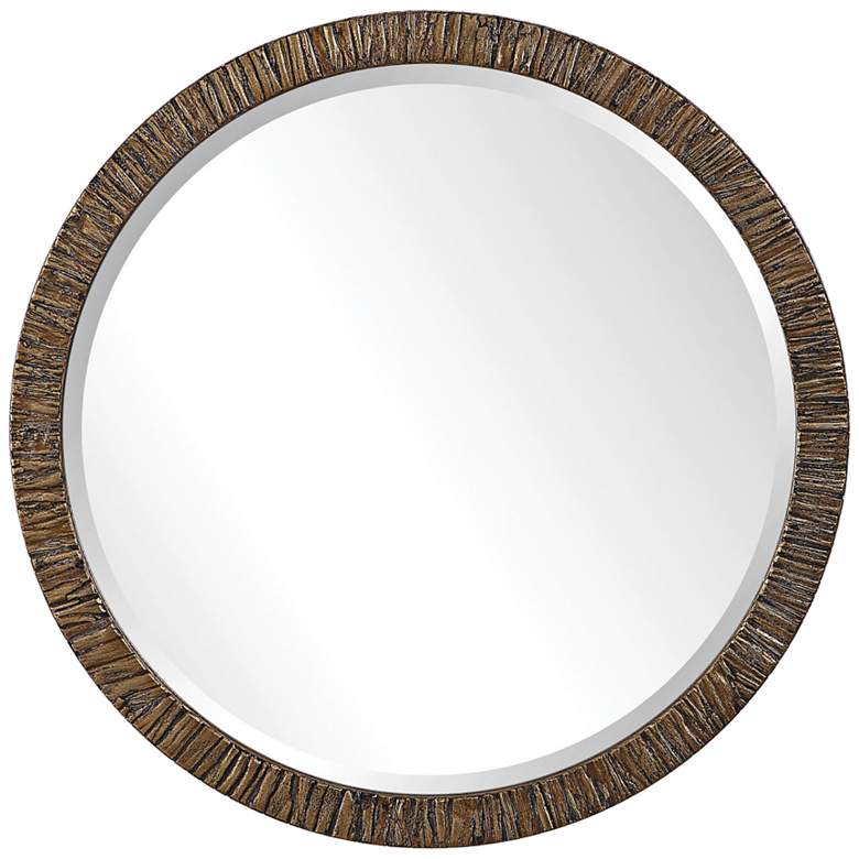 Image 2 Wayde Distressed Metallic Gold Wood 30" Round Wall Mirror