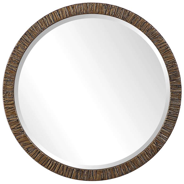 Image 3 Wayde Distressed Metallic Gold Wood 30" Round Wall Mirror