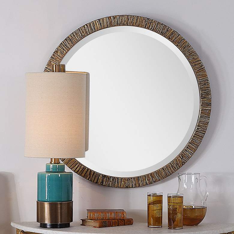 Image 2 Wayde Distressed Metallic Gold Wood 30" Round Wall Mirror