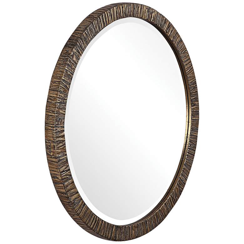 Image 3 Wayde Distressed Metallic Gold Wood 30" Round Wall Mirror more views
