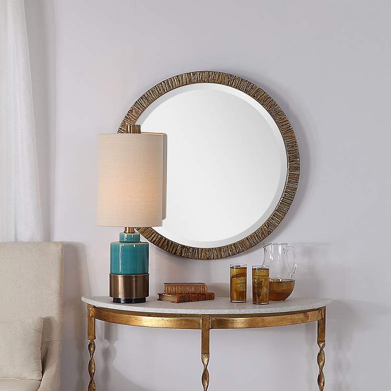 Image 6 Wayde Distressed Metallic Gold Wood 30" Round Wall Mirror more views