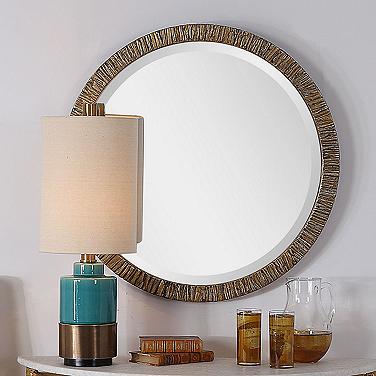 Wayde Distressed Metallic Gold Wood 30" Round Wall Mirror