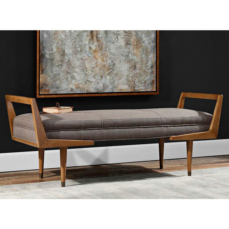 Image 1 Waylon 59" Wide Taupe Gray and Oak Modern Banquette Tufted Bench