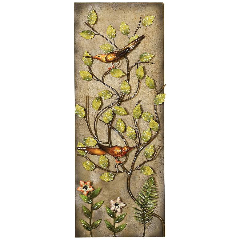 Image 1 Weathered Metal Bird Flower Tree 32 inch H Panel Wall Art
