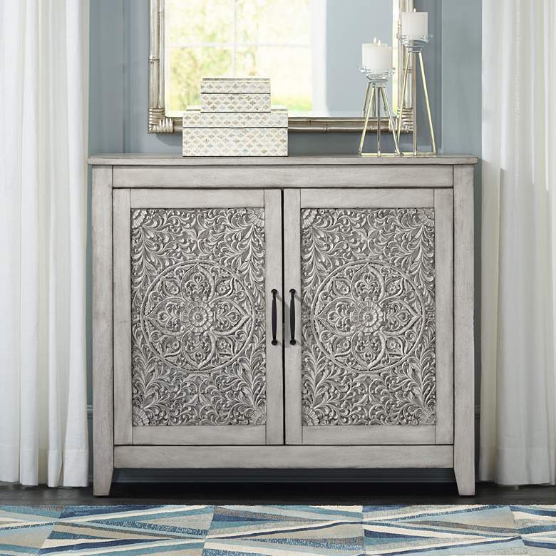 Image 1 Weathered White 44" Wide Carved 2-Door Console Cabinet