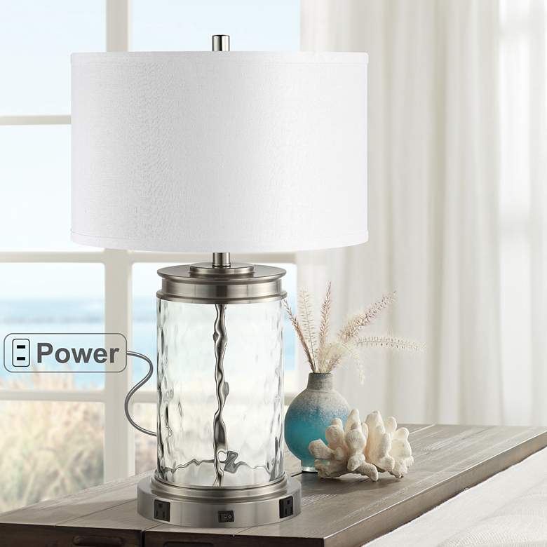 Image 1 Weber Brushed Nickel and Water Glass Table Lamp with Outlets