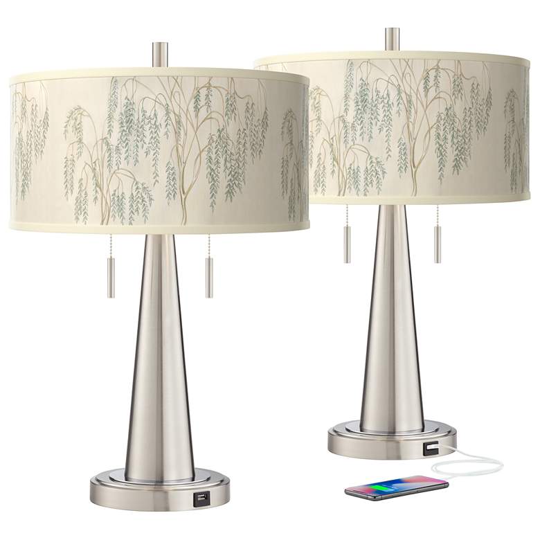 Image 2 Weeping Willow Vicki Brushed Nickel USB Table Lamps Set of 2