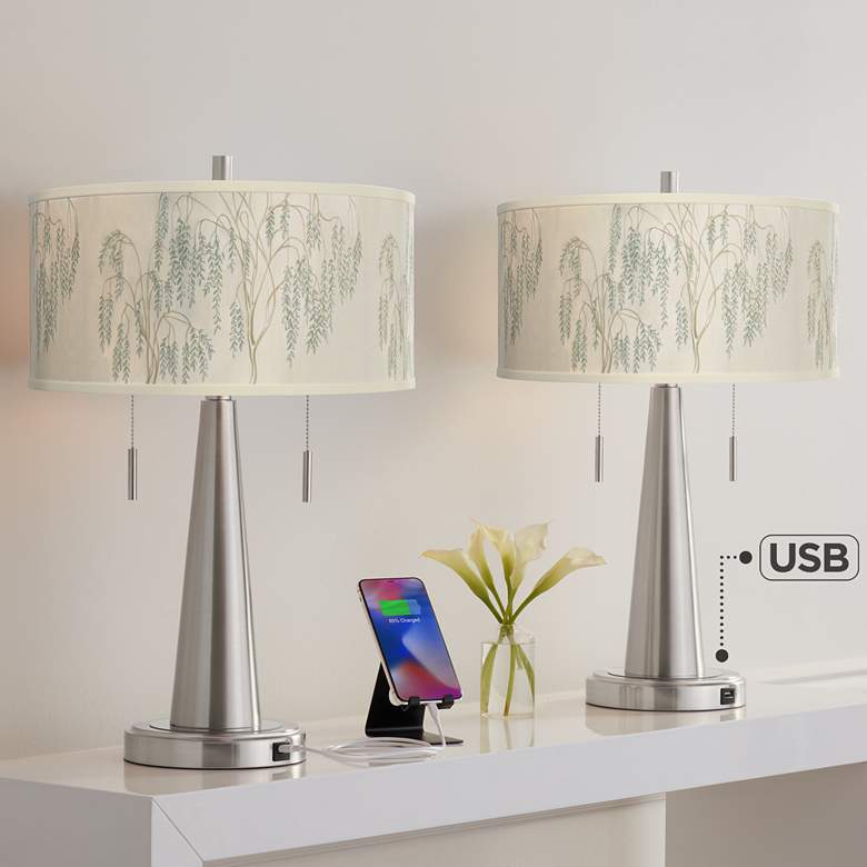 Image 1 Weeping Willow Vicki Brushed Nickel USB Table Lamps Set of 2