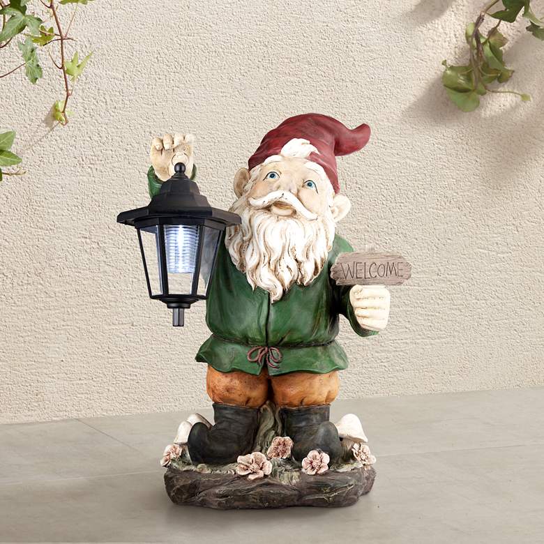 Image 1 Welcome Gnome with Lantern 16 inch High Outdoor Garden Statue
