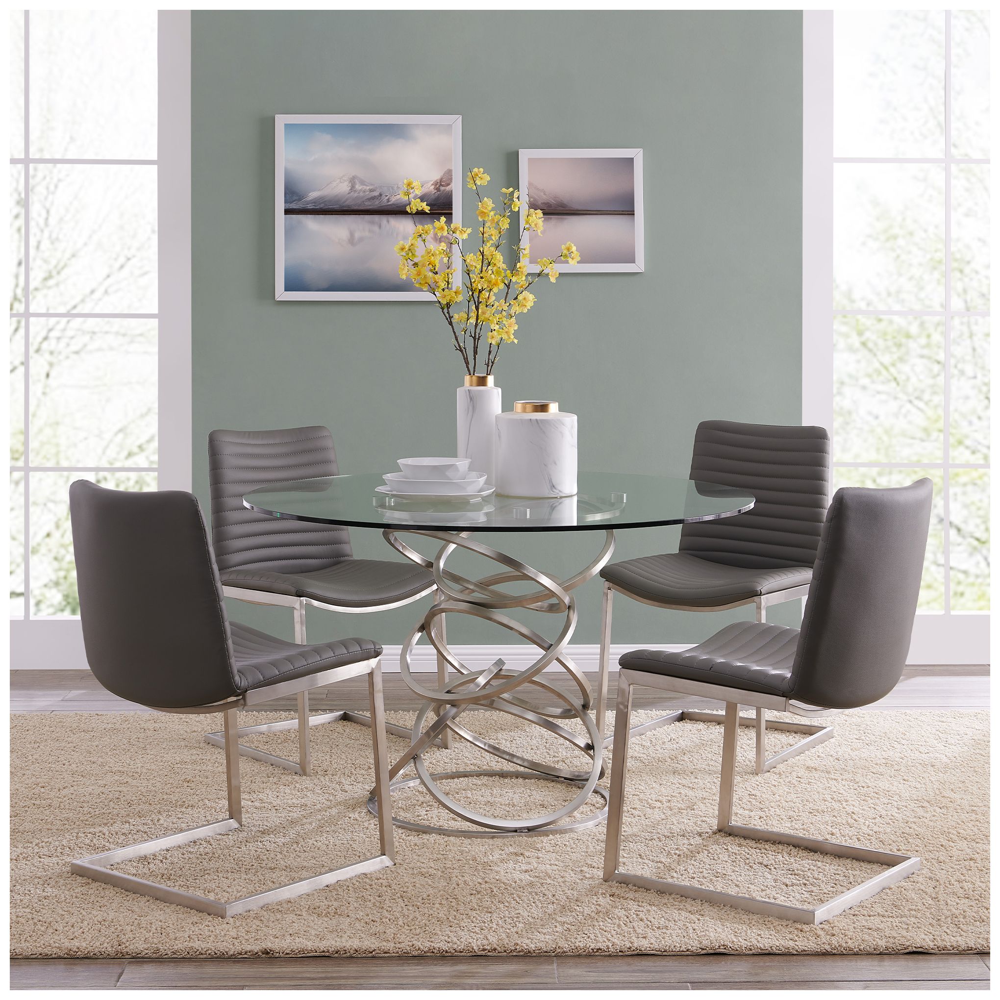 Image 5 Wendy 48 in. Dining Table in Brushed Stainless Steel and Clear Glass top more views