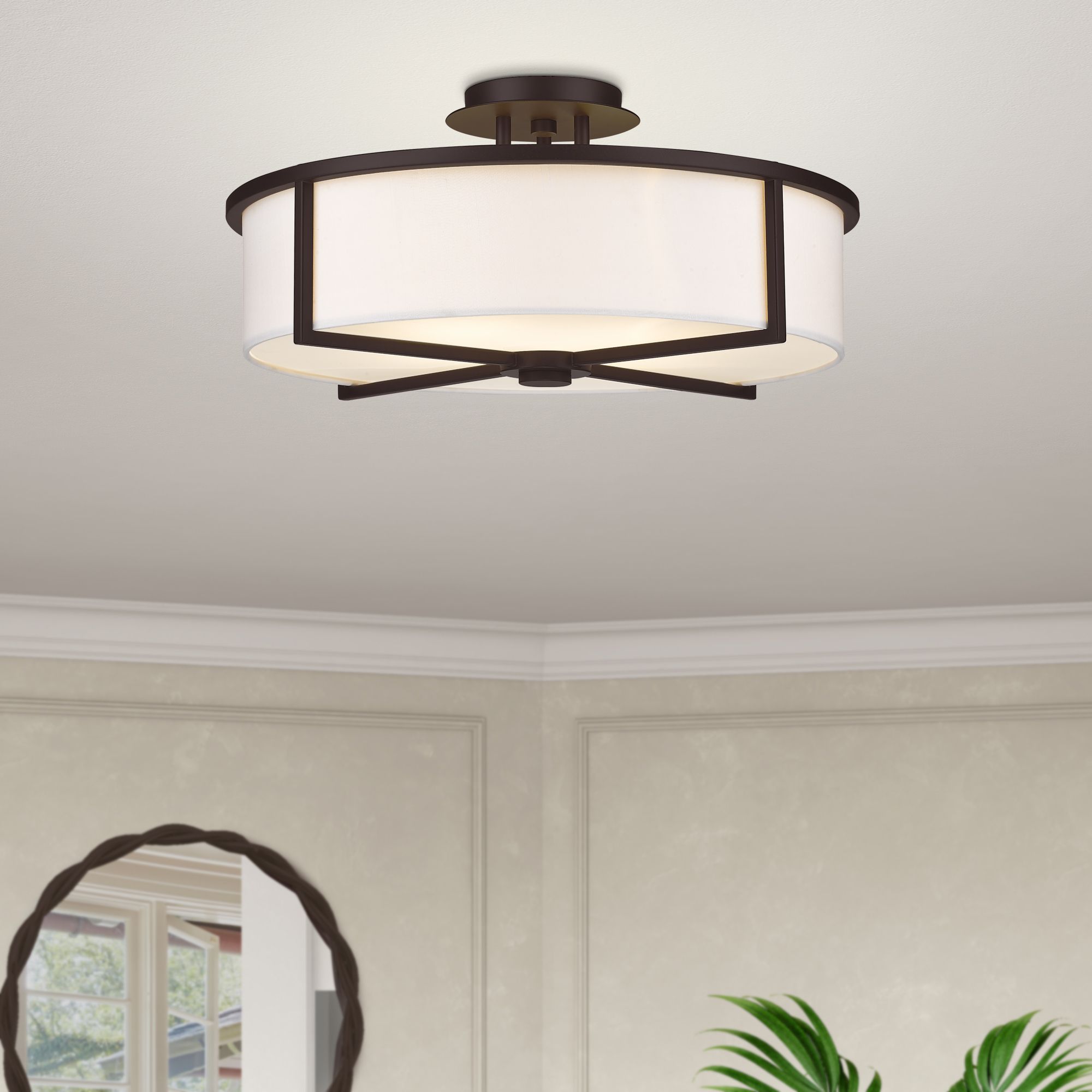 Wesley 19-in W Bronze Fabric Semi-Flush Mount Light