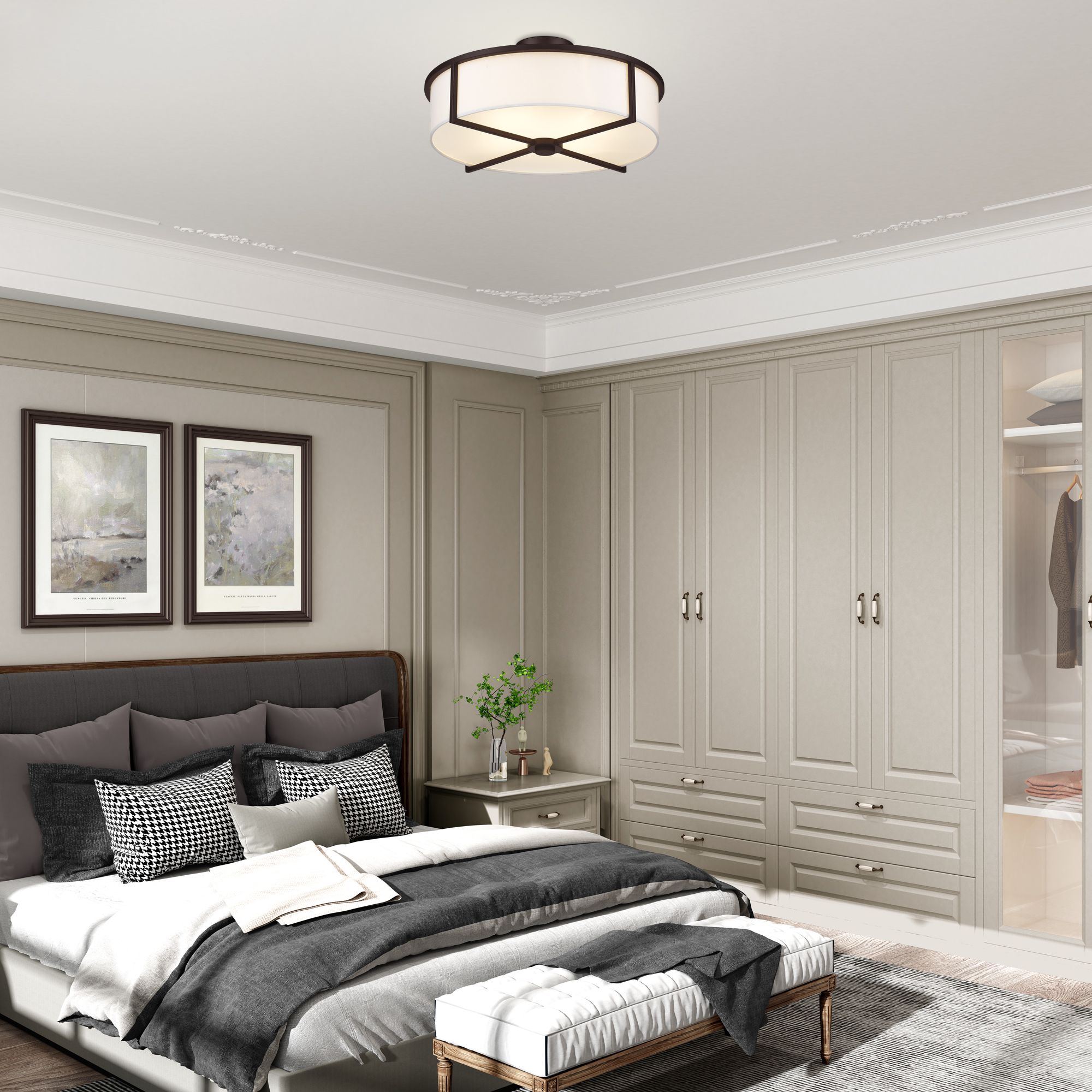 Wesley 19-in W Bronze Fabric Semi-Flush Mount Light