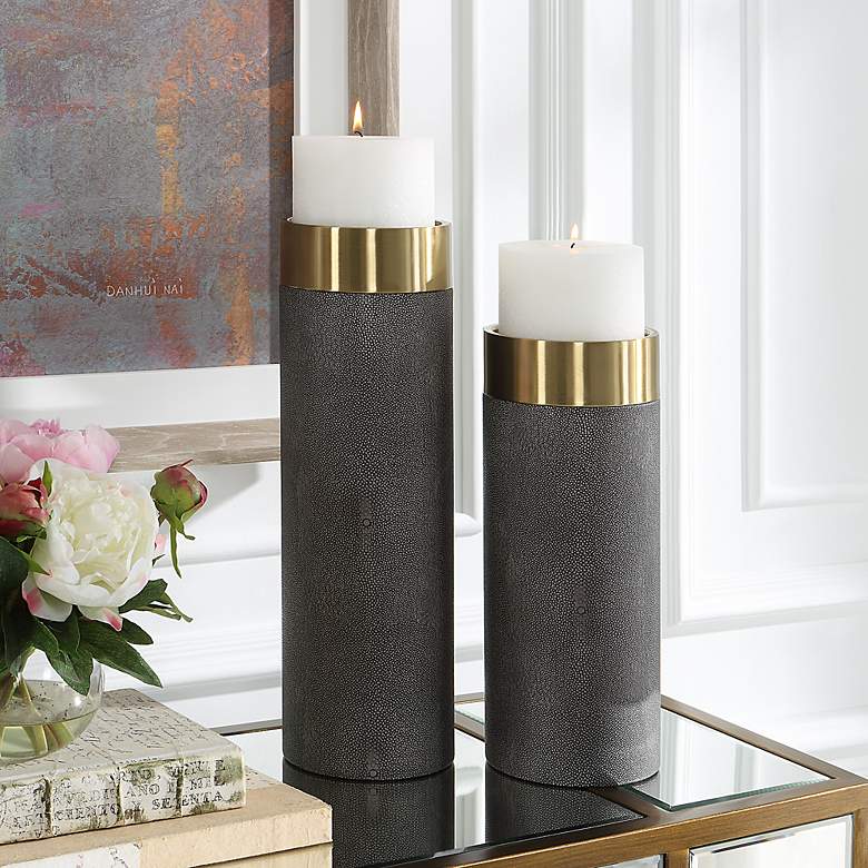 Image 1 Wessex Gray Faux Shagreen Pillar Candle Holders Set of 2