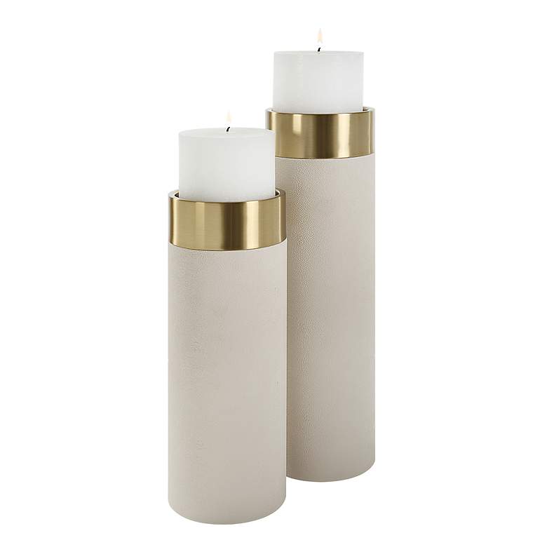 Image 2 Wessex White Faux Shagreen Pillar Candle Holders Set of 2