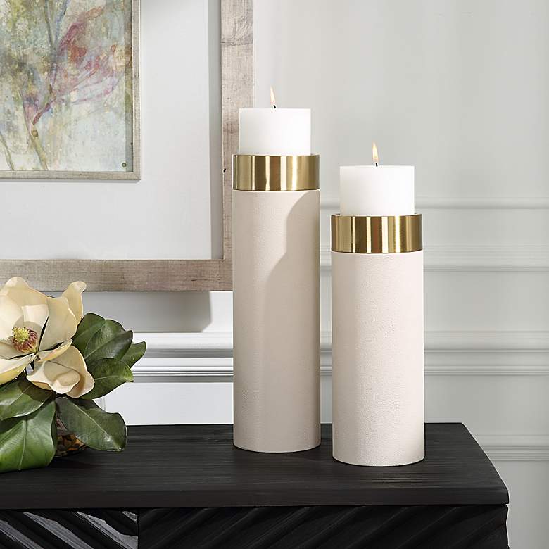 Image 1 Wessex White Faux Shagreen Pillar Candle Holders Set of 2