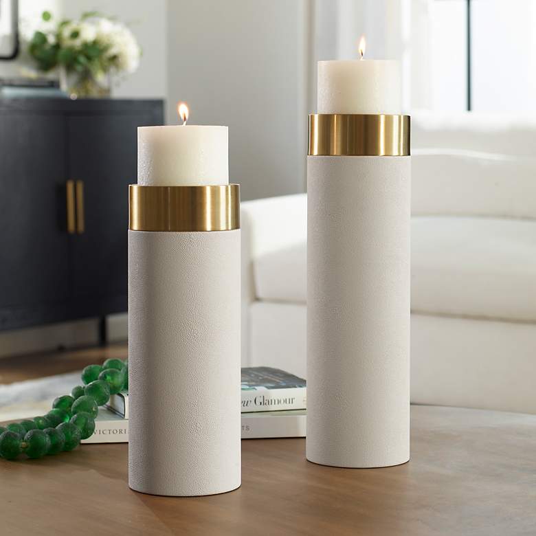 Image 3 Wessex White Faux Shagreen Pillar Candle Holders Set of 2 more views