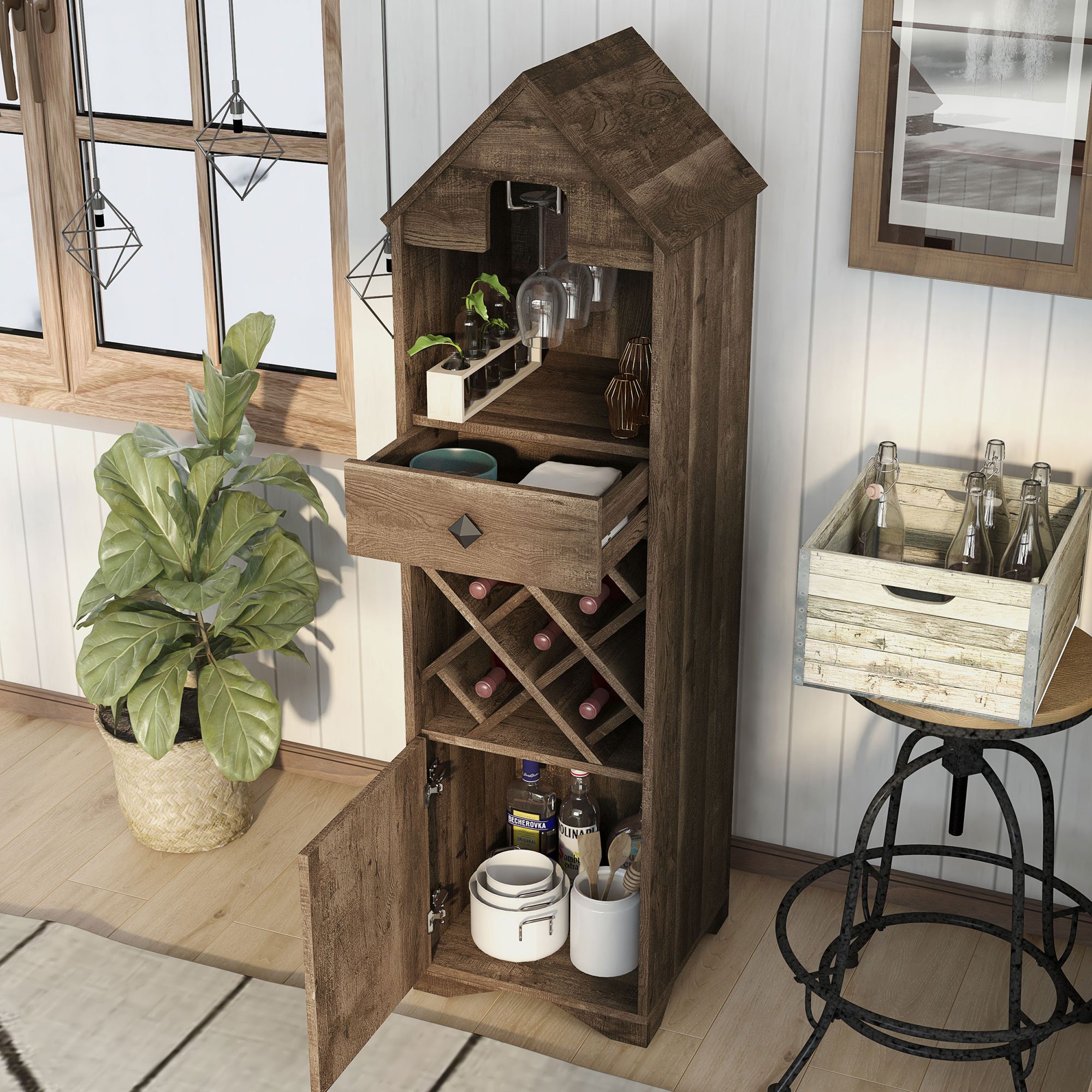 Westa 16 3/4" Wide Reclaimed Oak Bar Cabinet w/ Wine Storage