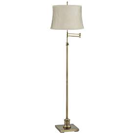 Image1 of Westbury Antique Brass Swing Arm Floor Lamp w/ Wimberley Beige Shade