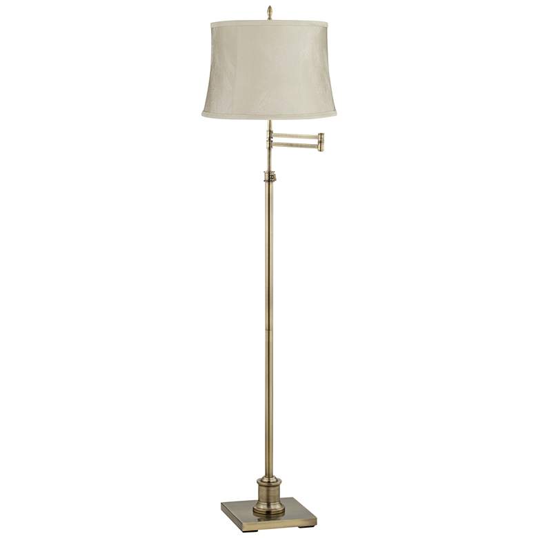 Image 1 Westbury Antique Brass Swing Arm Floor Lamp w/ Wimberley Beige Shade