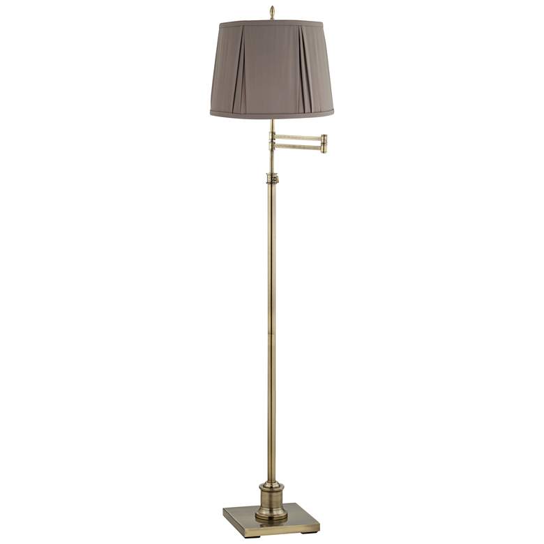 Image 1 Westbury Antique Brass Swing Arm Floor Lamp with Khaki Gray Shade